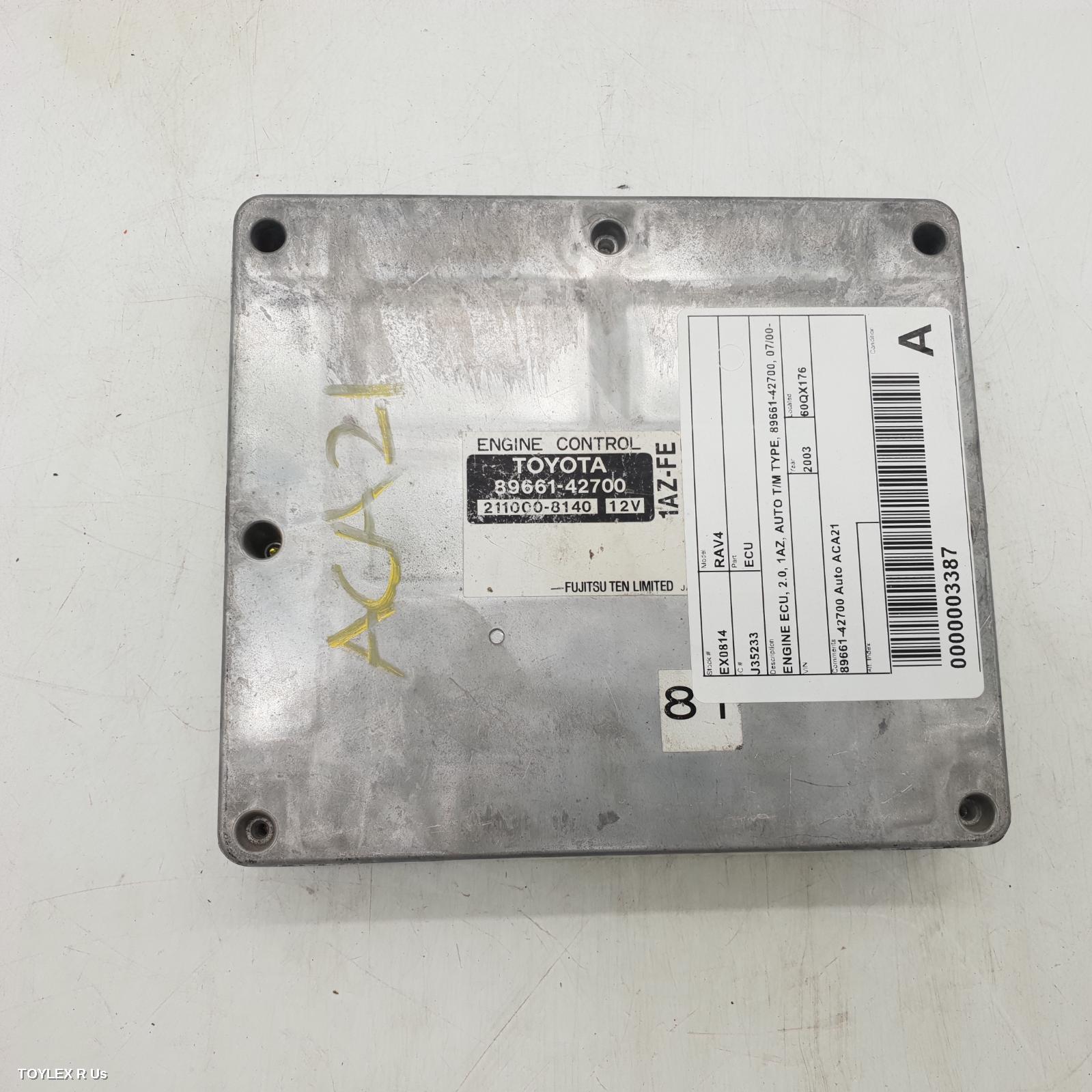 TOYOTA RAV4 2003 Ecu ENGINE ECU, 2.0, 1AZ-FE, AUTO T/M, P/N 89661-42700, ECU ONLY, ACA2#R, 07/00-10/03 (AUS ONLY)
