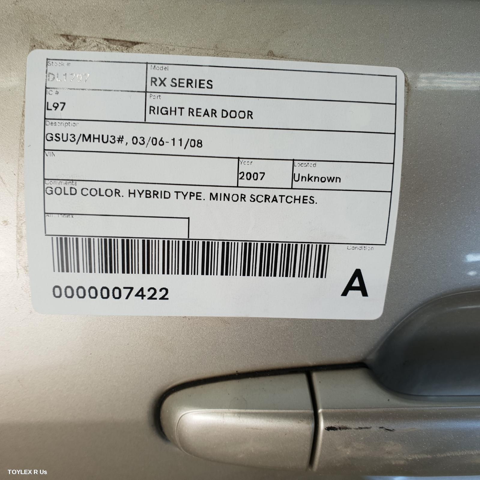 LEXUS RX SERIES 2007 Right Rear Door Sliding GSU3/MHU3#