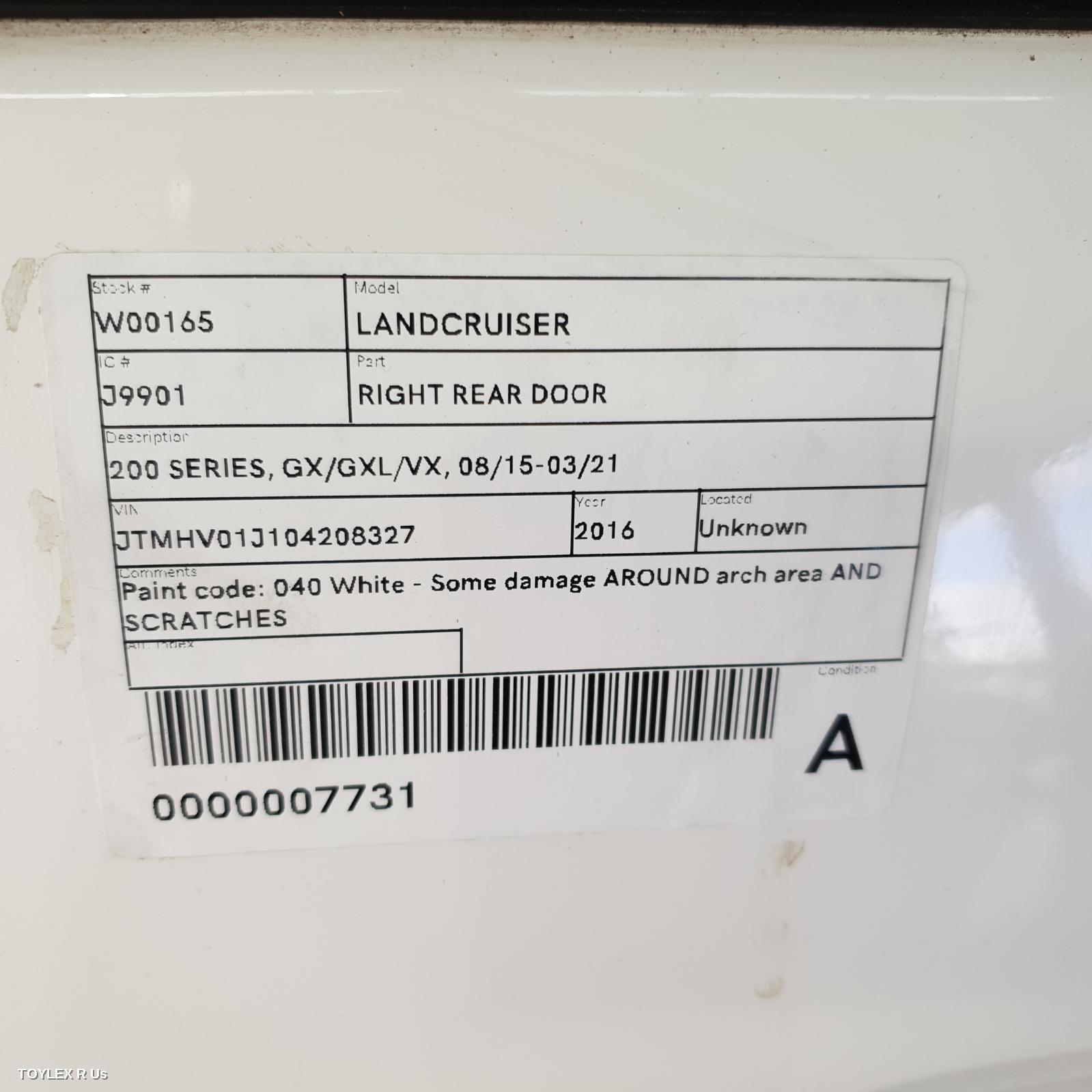 TOYOTA LANDCRUISER 2016 Right Rear Door Sliding 200 SERIES, GX/GXL/VX