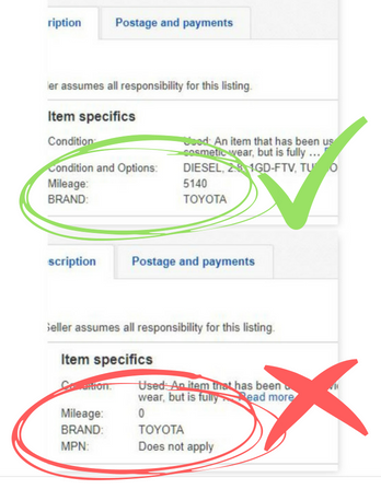 ebay listings one showing mileage with a green tick & the other showing no mileage with a red cross