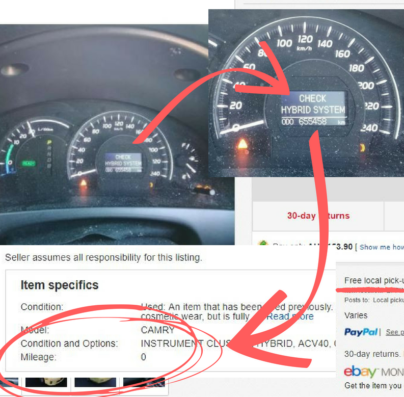 eBay listing the seller has noted zero kilometres in actual fact the kilometres were 655,458km's